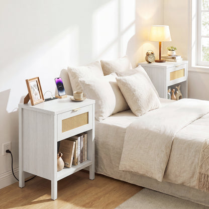 Rattan Nightstand with Charging Station, White Nightstands at Gallery Canada