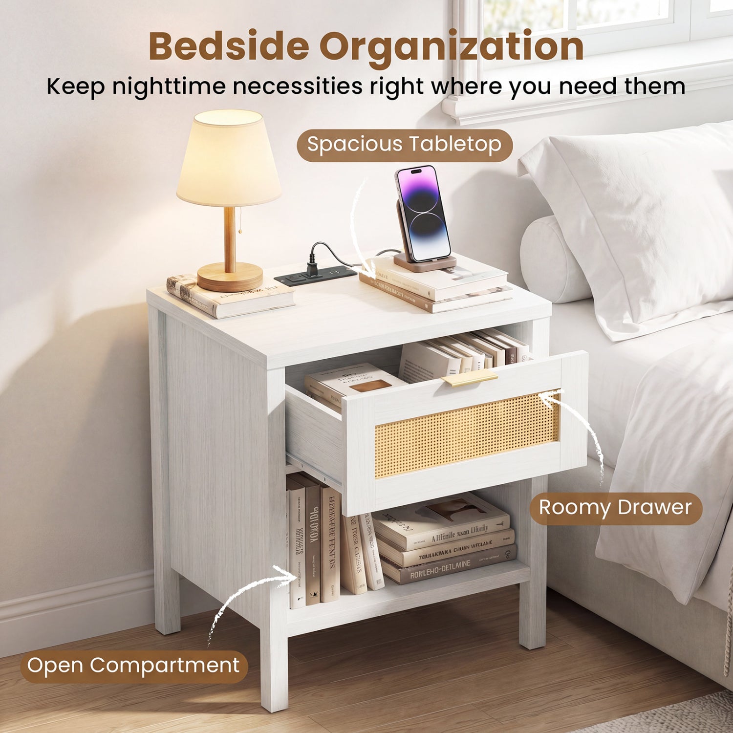 Rattan Nightstand with Charging Station, White Nightstands at Gallery Canada