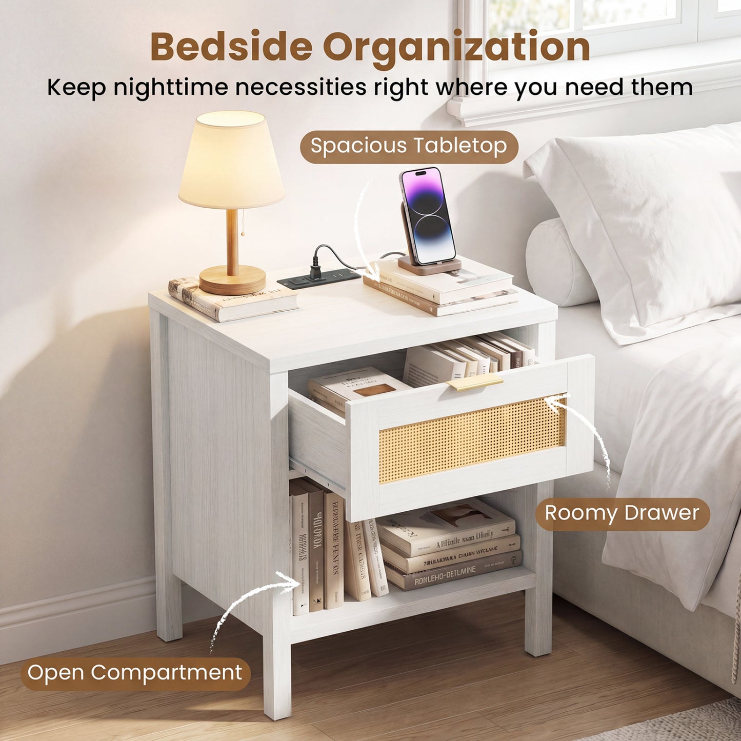 Rattan Nightstand with Charging Station, White Nightstands at Gallery Canada