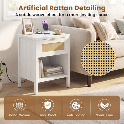 Rattan Nightstand with Charging Station, White Nightstands at Gallery Canada