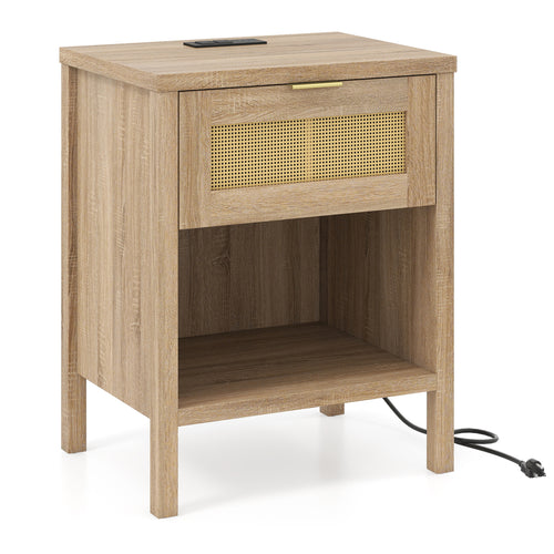 Rattan Nightstand With Charging Station, Oak