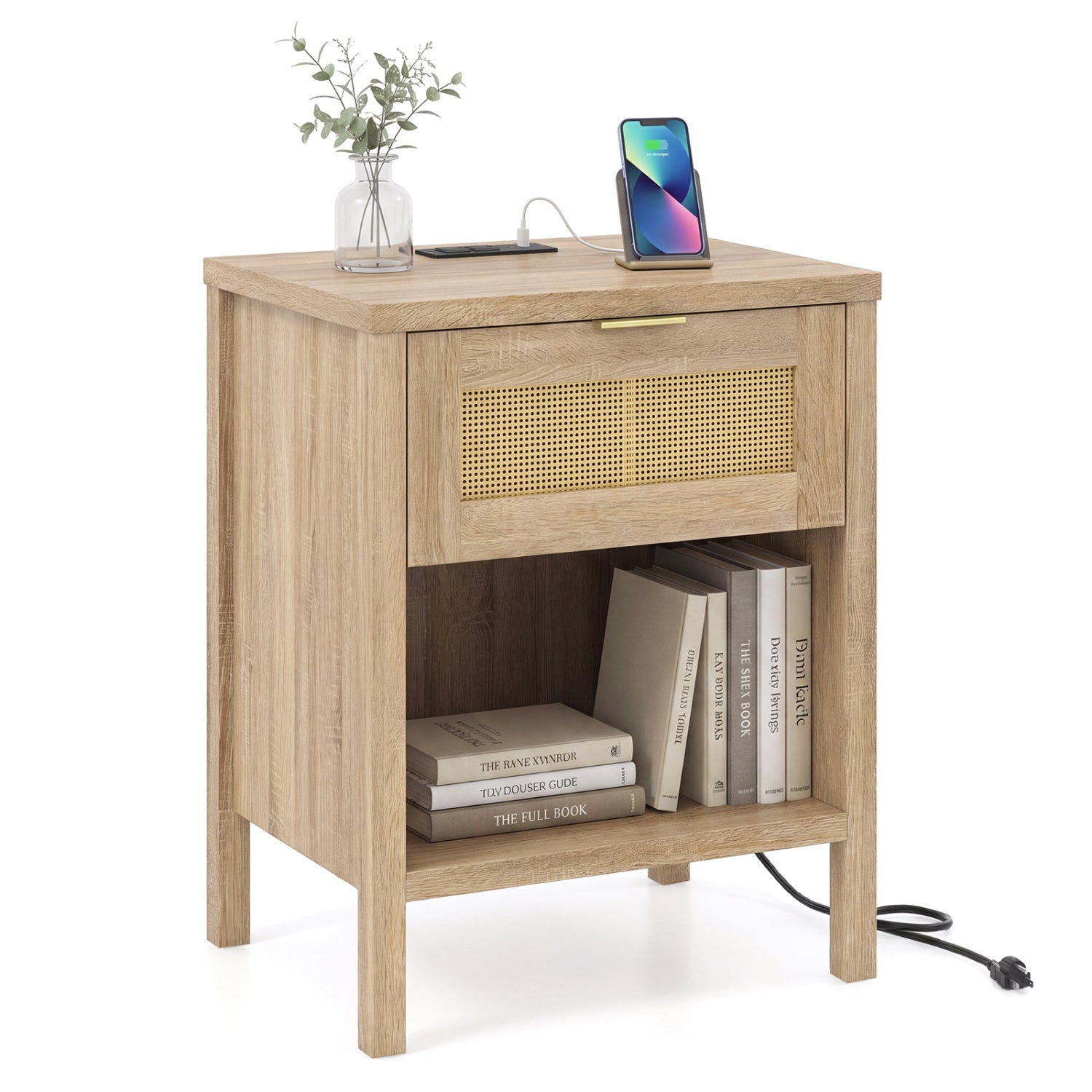 Rattan Nightstand With Charging Station, Oak Nightstands at Gallery Canada