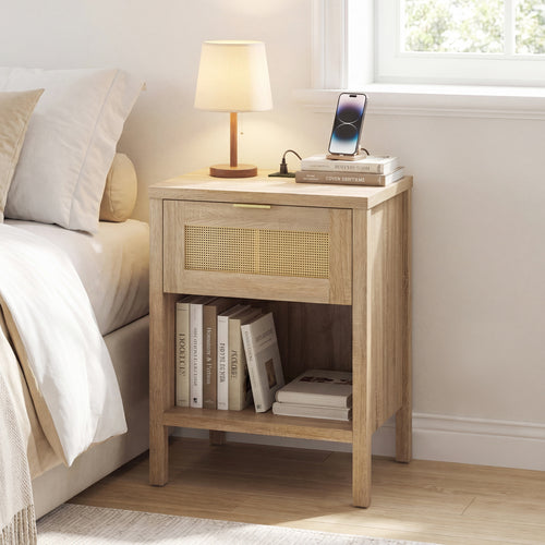Rattan Nightstand With Charging Station, Oak