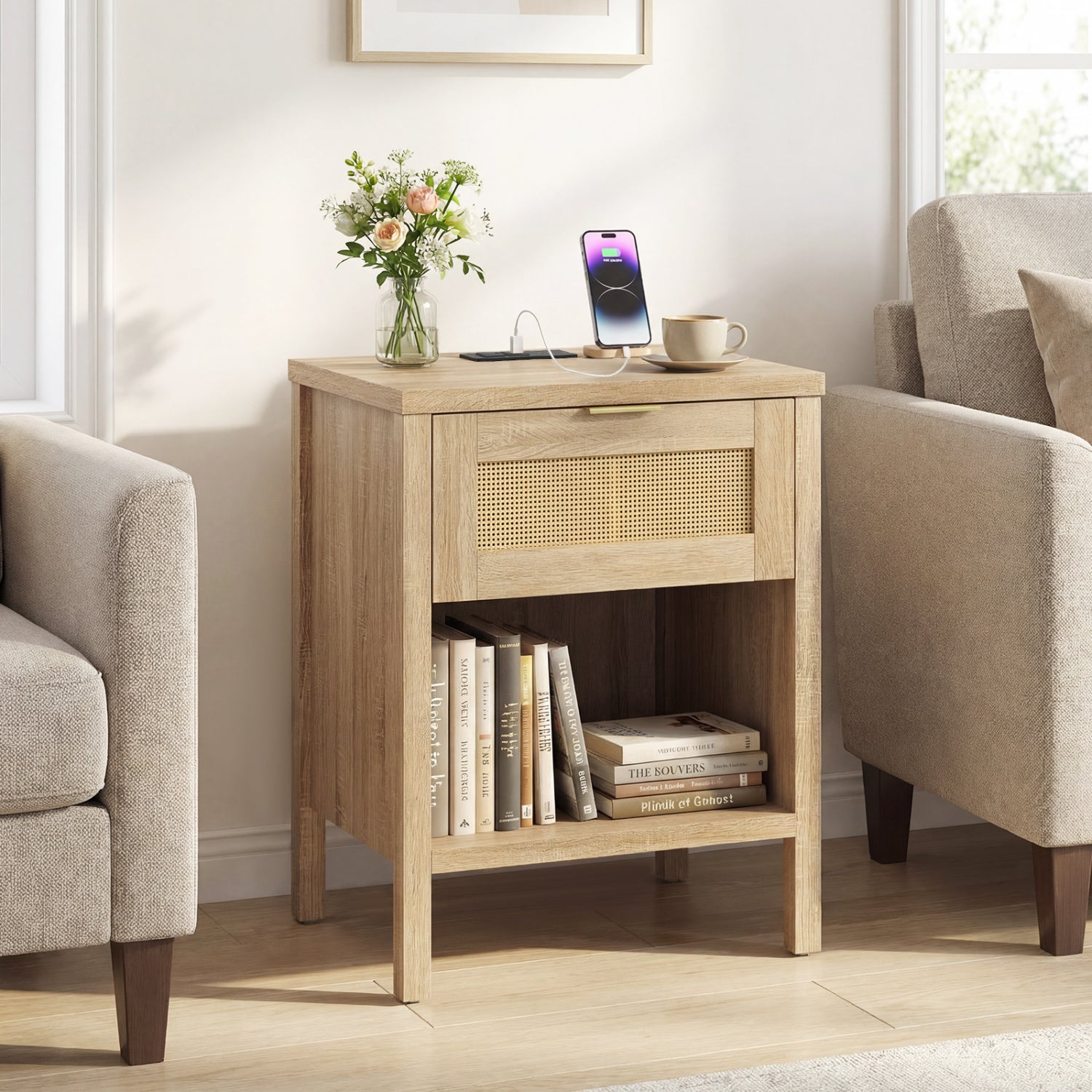 Rattan Nightstand With Charging Station, Oak Nightstands at Gallery Canada