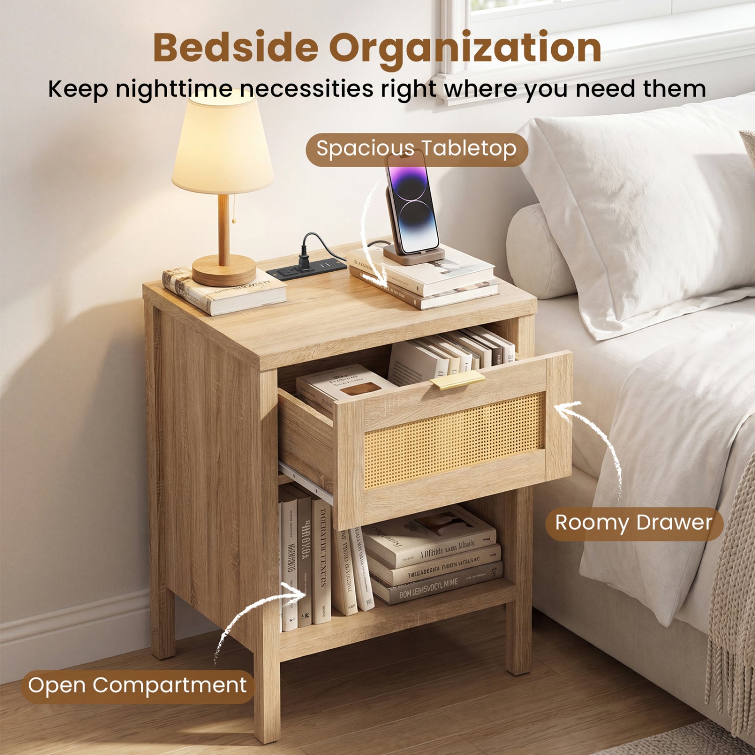 Rattan Nightstand With Charging Station, Oak Nightstands at Gallery Canada