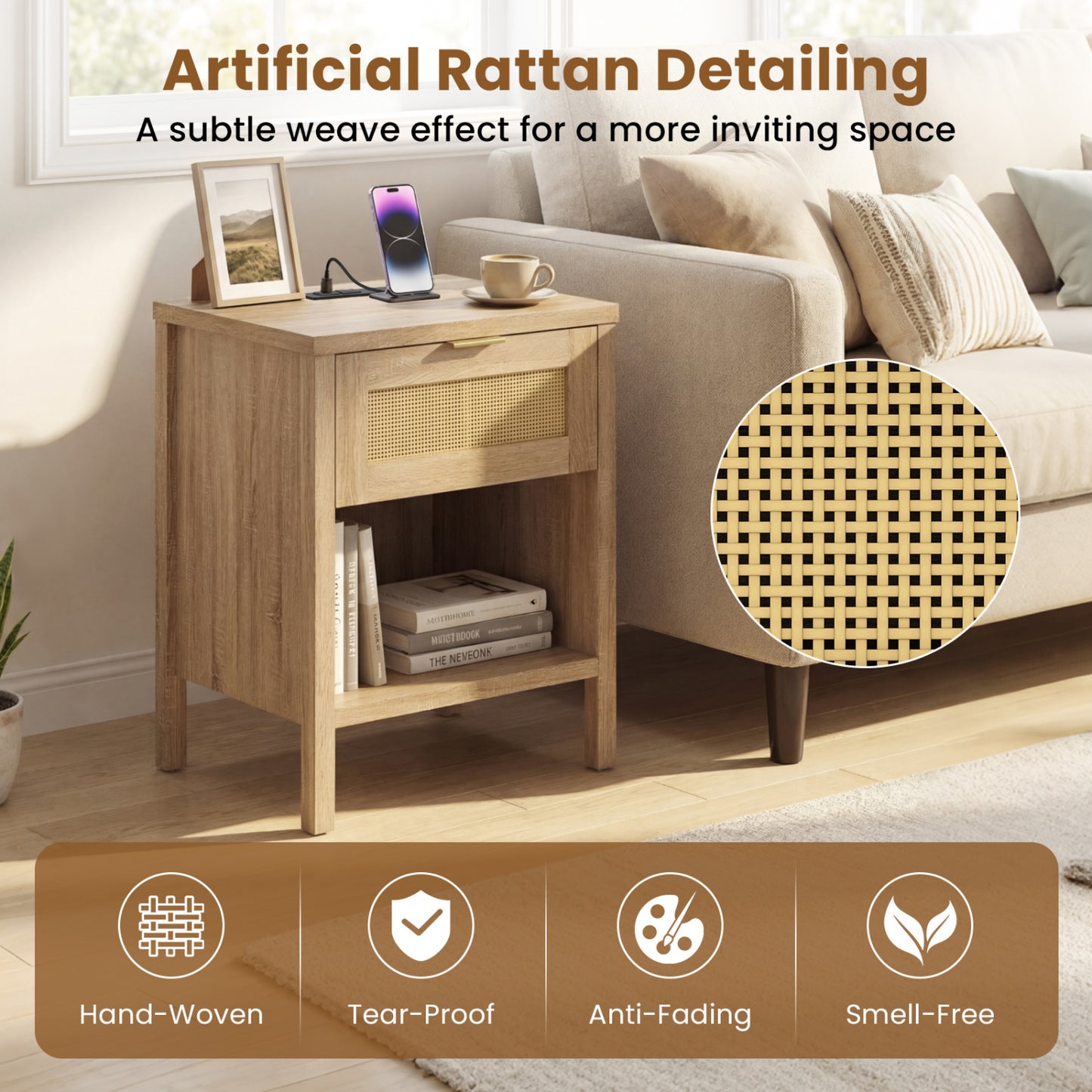 Rattan Nightstand With Charging Station, Oak Nightstands at Gallery Canada