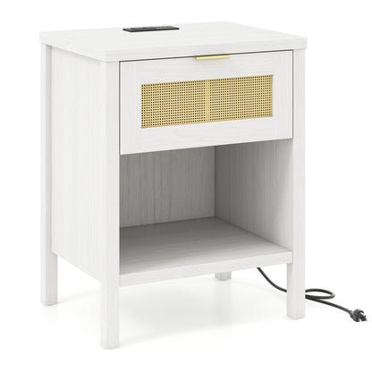 Rattan Nightstand with Charging Station, White Nightstands at Gallery Canada