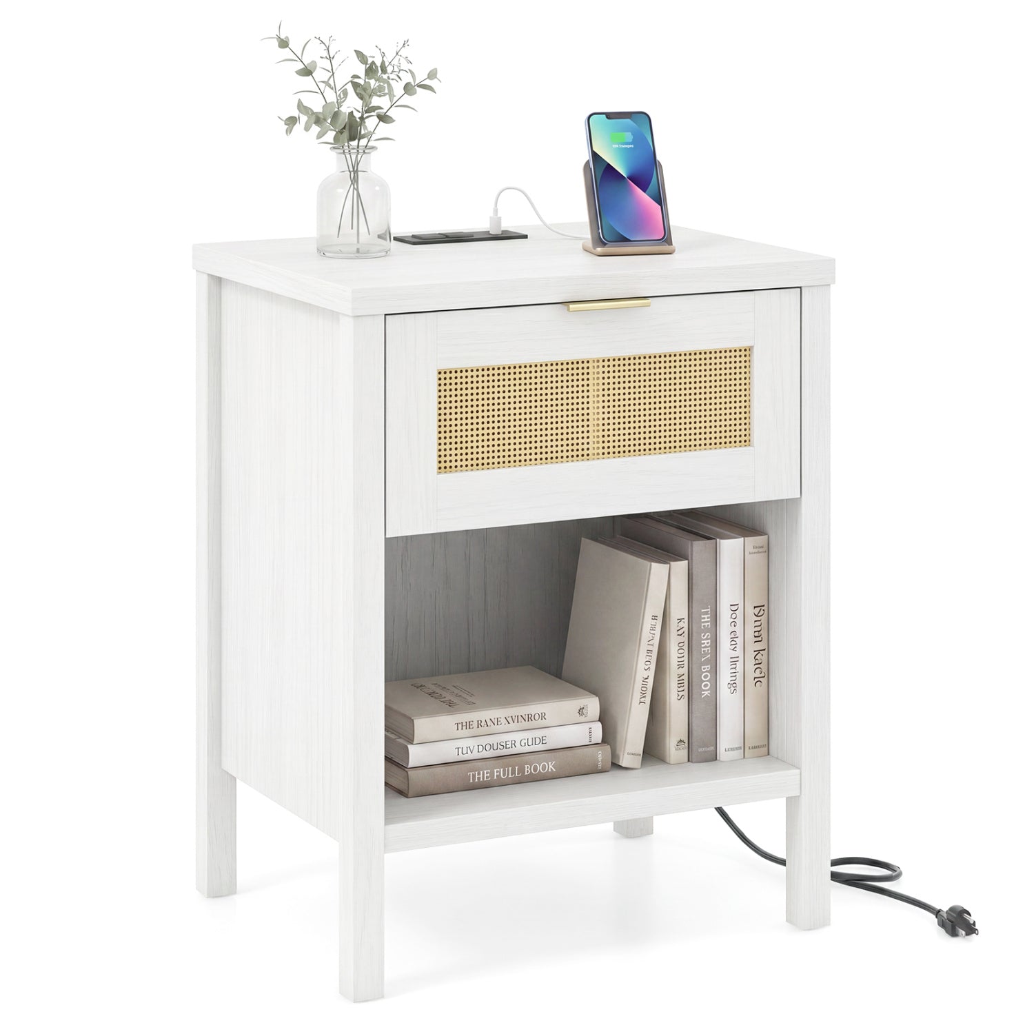 Rattan Nightstand with Charging Station, White Nightstands at Gallery Canada