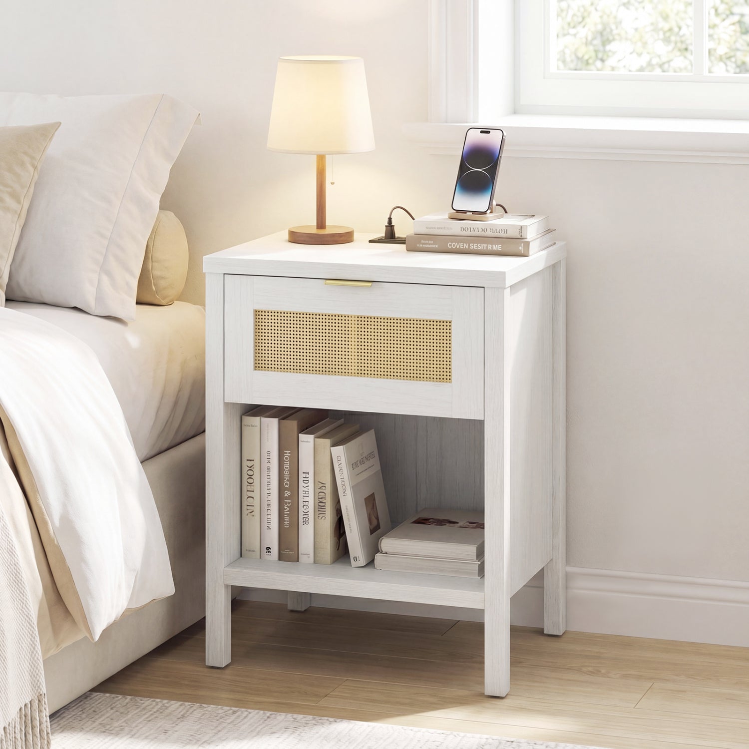 Rattan Nightstand with Charging Station, White Nightstands at Gallery Canada
