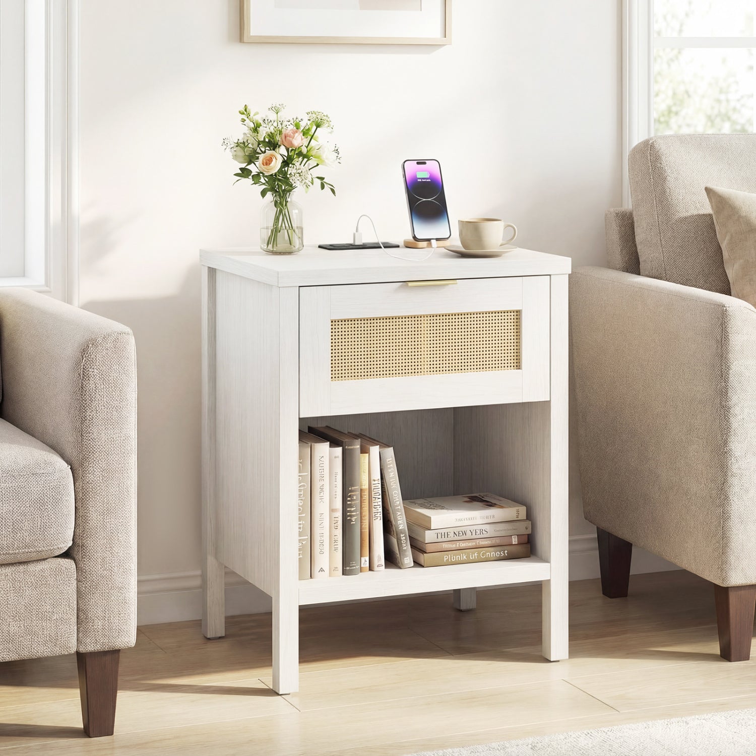 Rattan Nightstand with Charging Station, White Nightstands at Gallery Canada