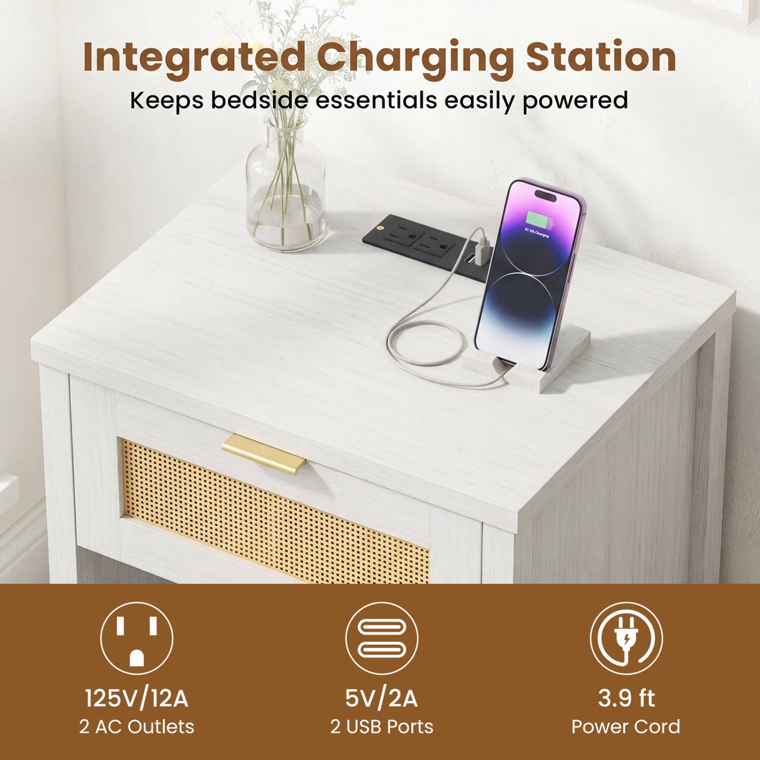 Rattan Nightstand with Charging Station, White Nightstands at Gallery Canada