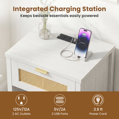 Rattan Nightstand with Charging Station, White Nightstands at Gallery Canada