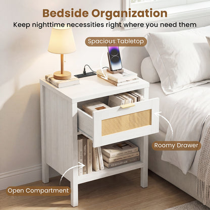 Rattan Nightstand with Charging Station, White Nightstands at Gallery Canada
