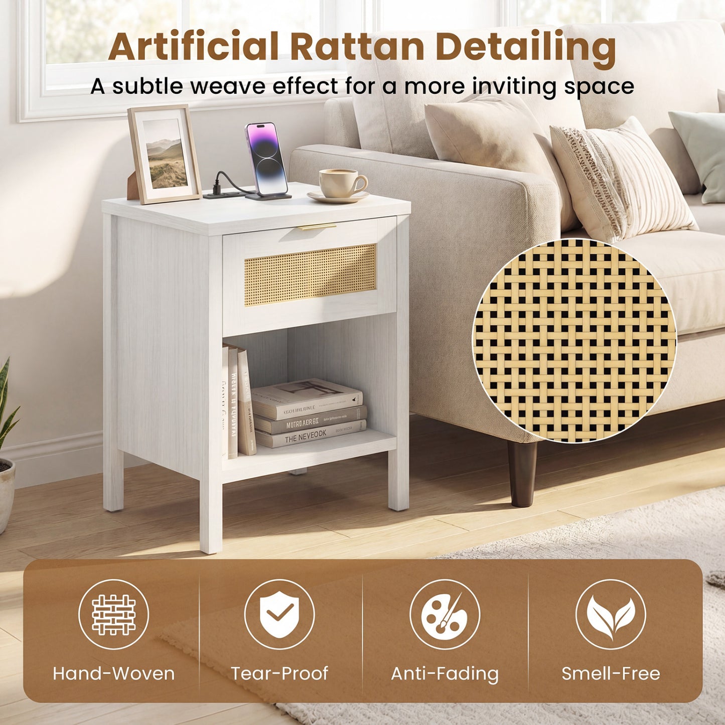 Rattan Nightstand with Charging Station, White Nightstands at Gallery Canada