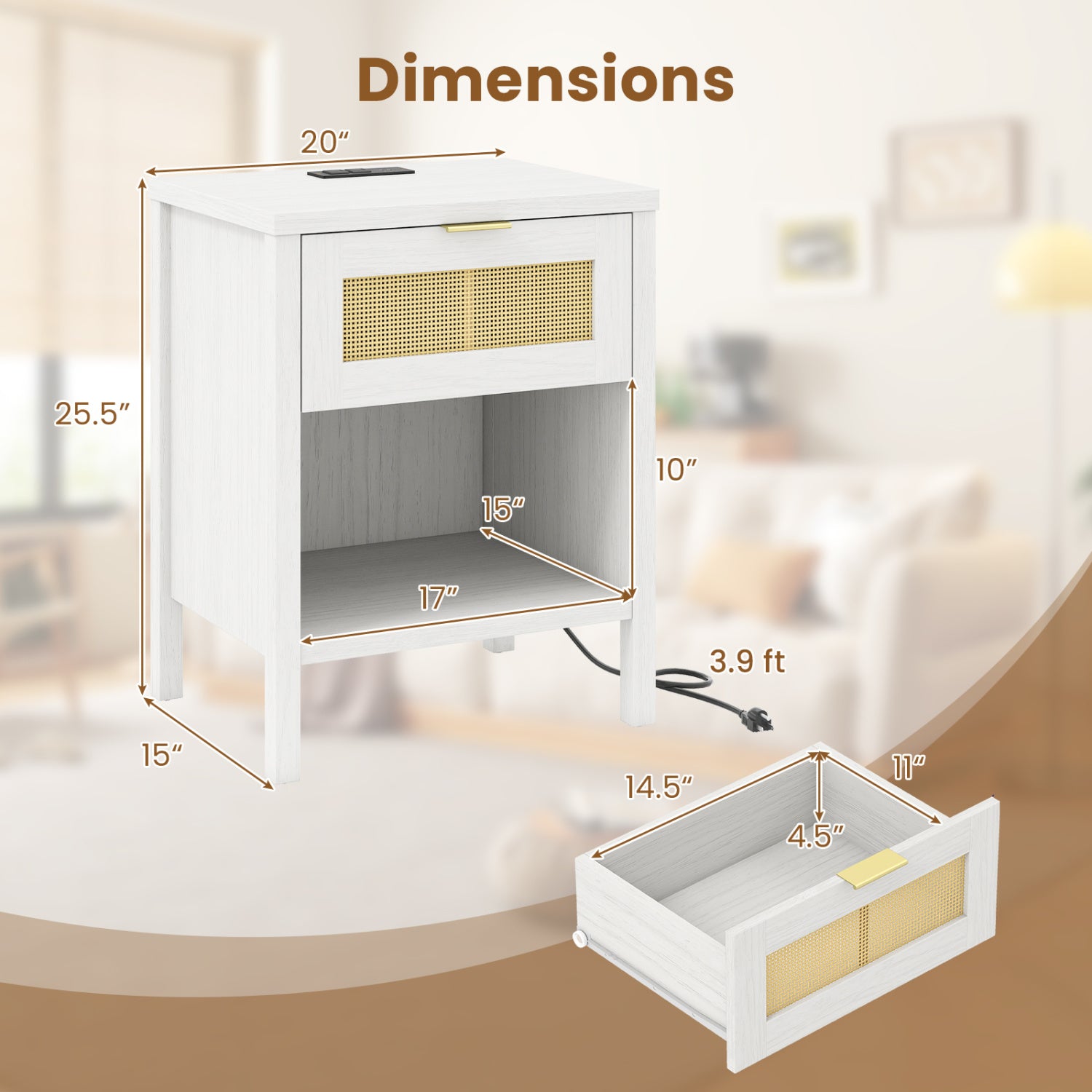 Rattan Nightstand with Charging Station, White Nightstands at Gallery Canada