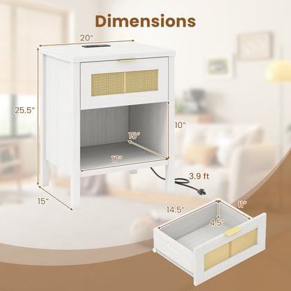 Rattan Nightstand with Charging Station, White Nightstands at Gallery Canada