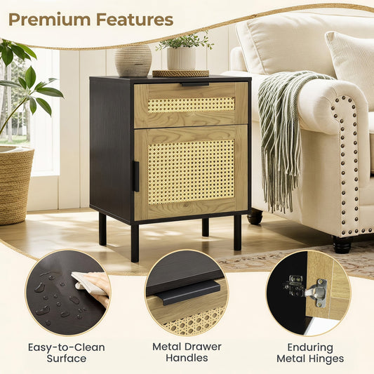 Rattan Nightstand with Drawer, Cabinet, Black Nightstands Black at Gallery Canada