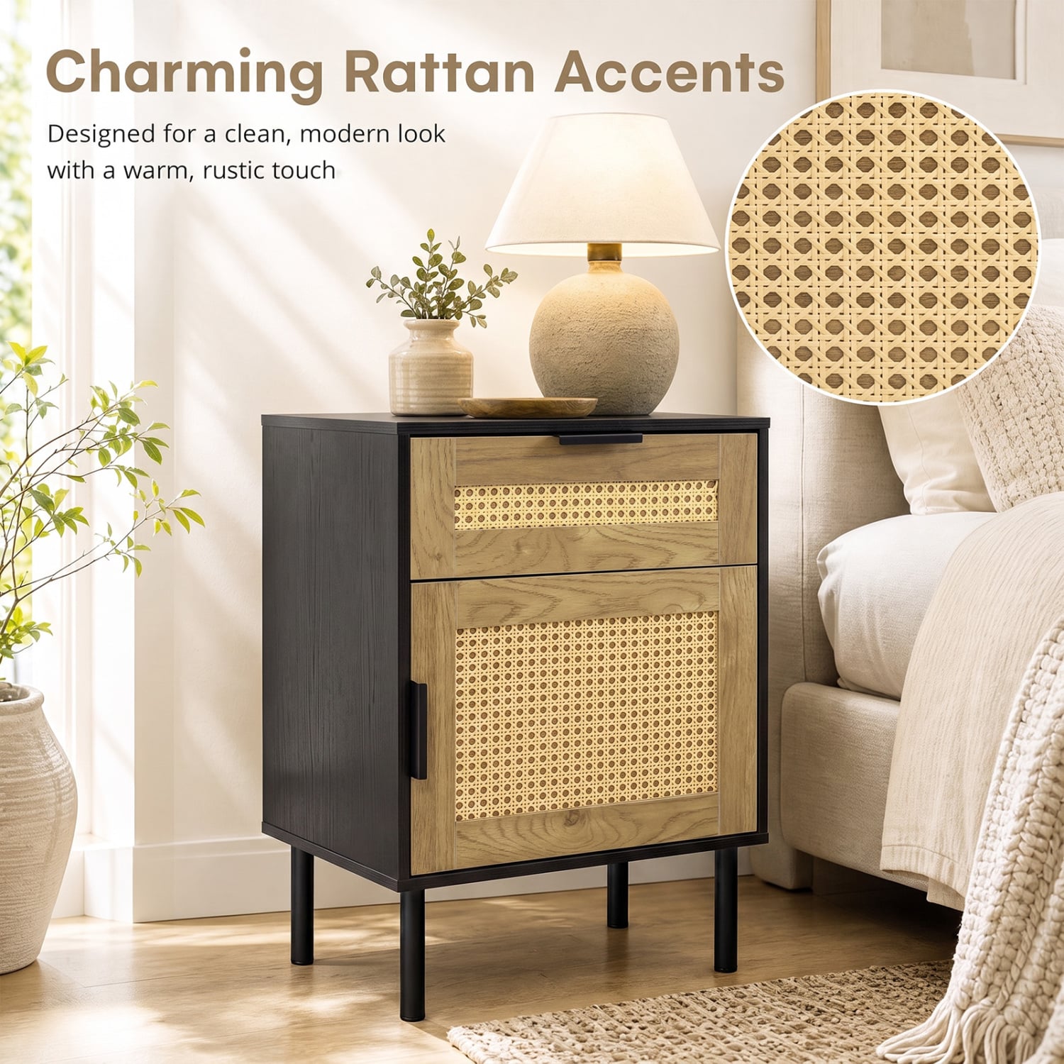 Rattan Nightstand with Drawer, Cabinet, Black Nightstands at Gallery Canada