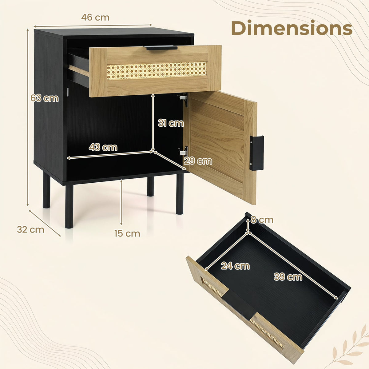 Rattan Nightstand with Drawer, Cabinet, Black Nightstands at Gallery Canada