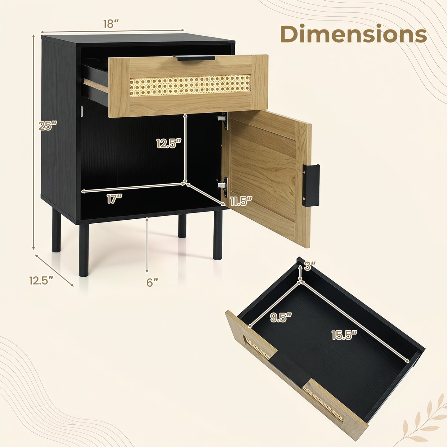 Rattan Nightstand with Drawer, Cabinet, Black Nightstands at Gallery Canada