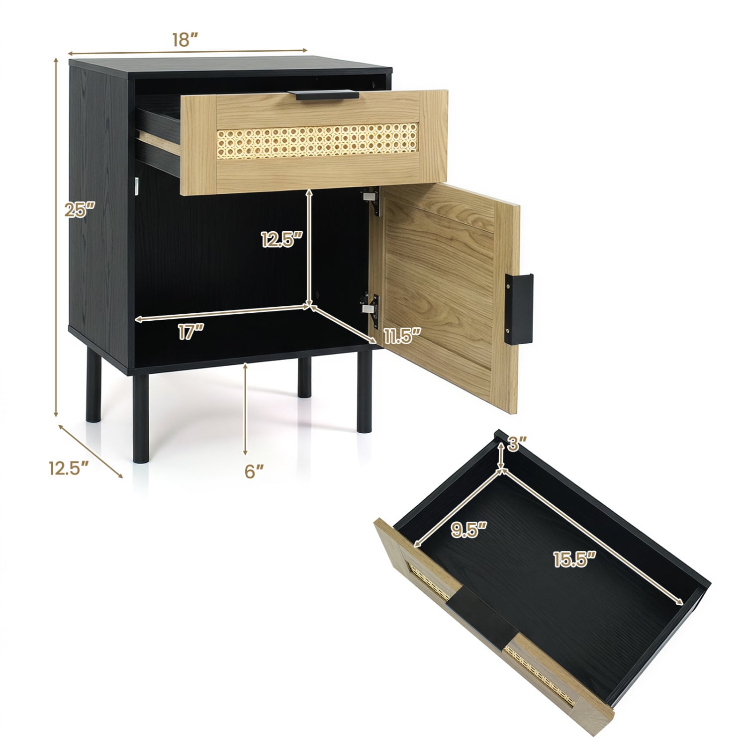 Rattan Nightstand with Drawer, Cabinet, Black Nightstands at Gallery Canada