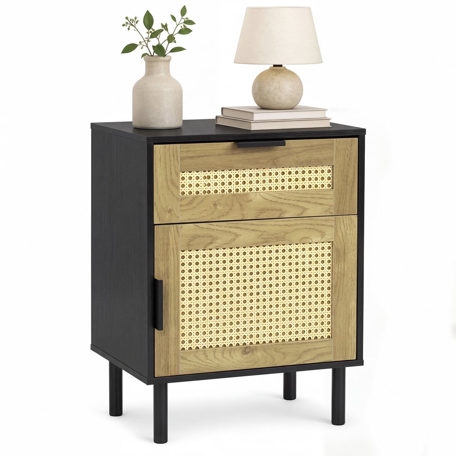Rattan Nightstand with Drawer, Cabinet, Black Nightstands at Gallery Canada