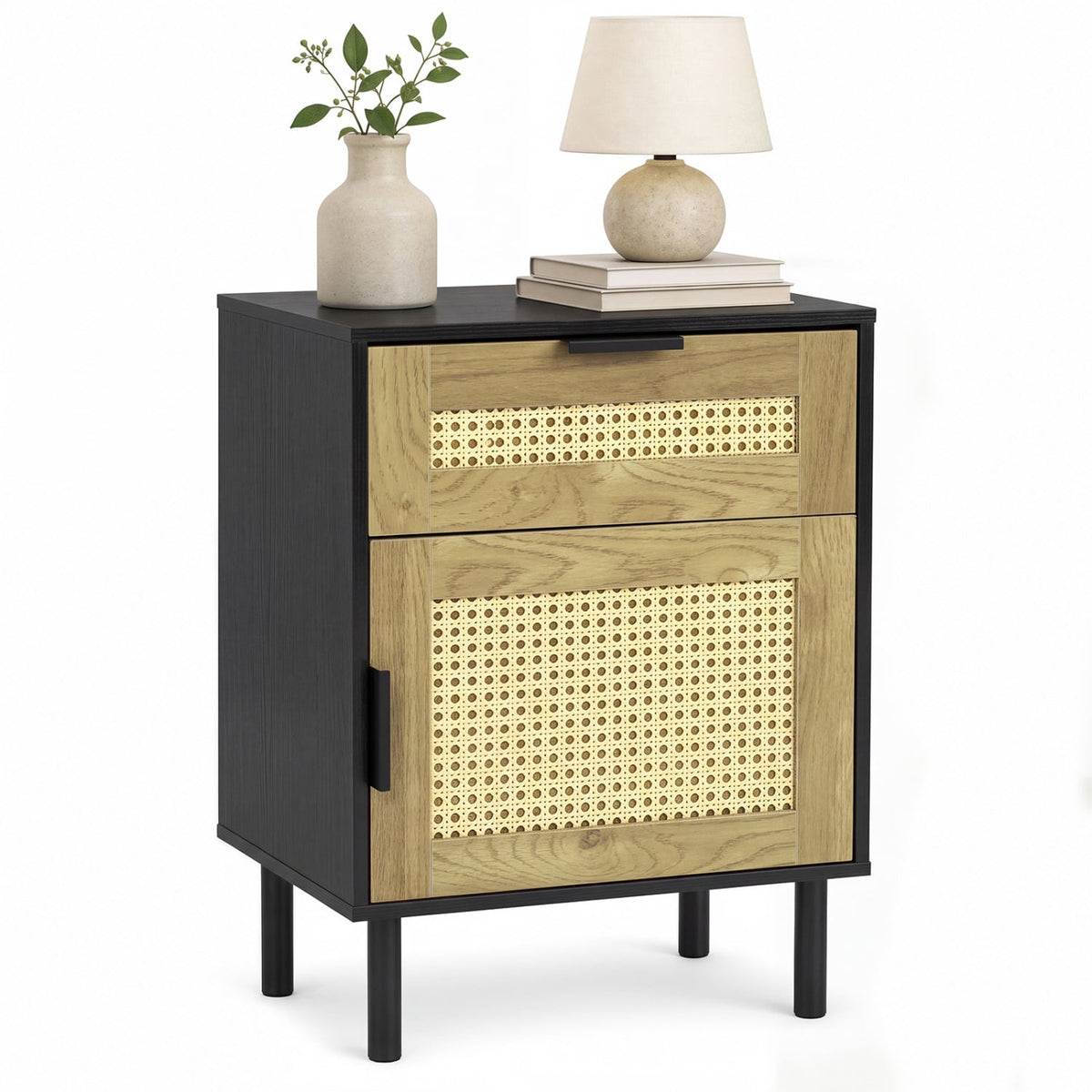 Rattan Nightstand with Drawer, Cabinet, Black Nightstands at Gallery Canada