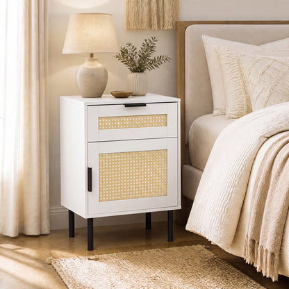 Table de chevet en rotin avec tiroir, armoire de rangement, blanc