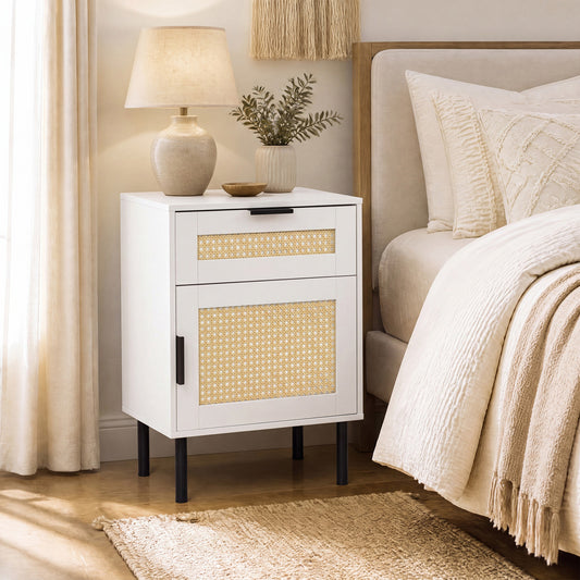 Rattan Nightstand with Drawer, Storage Cabinet, White Nightstands White at Gallery Canada