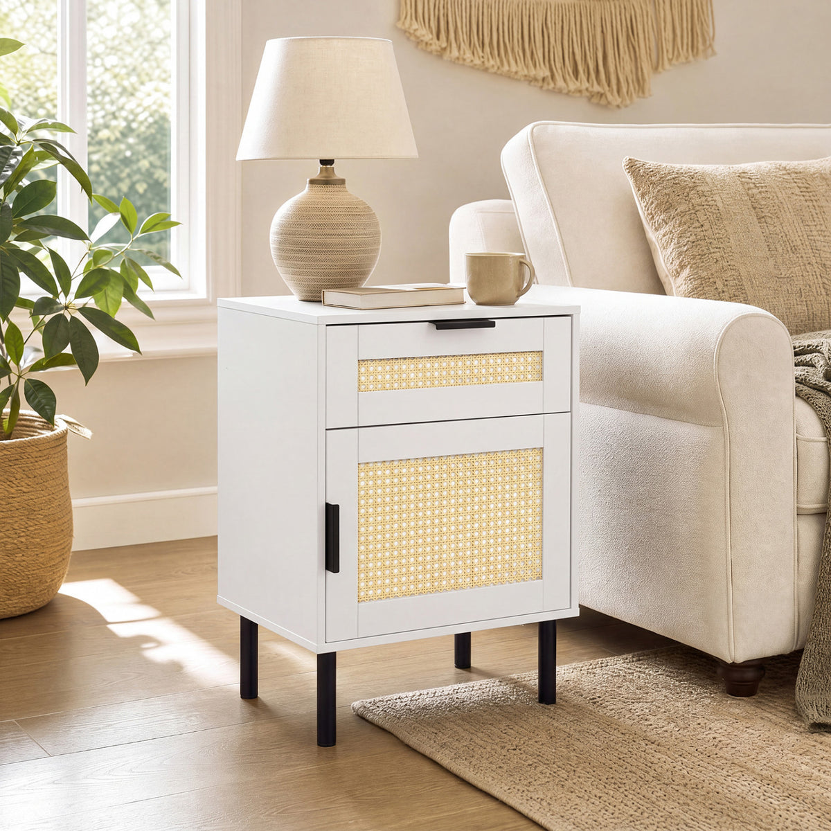 Table de chevet en rotin avec tiroir, armoire de rangement, blanc