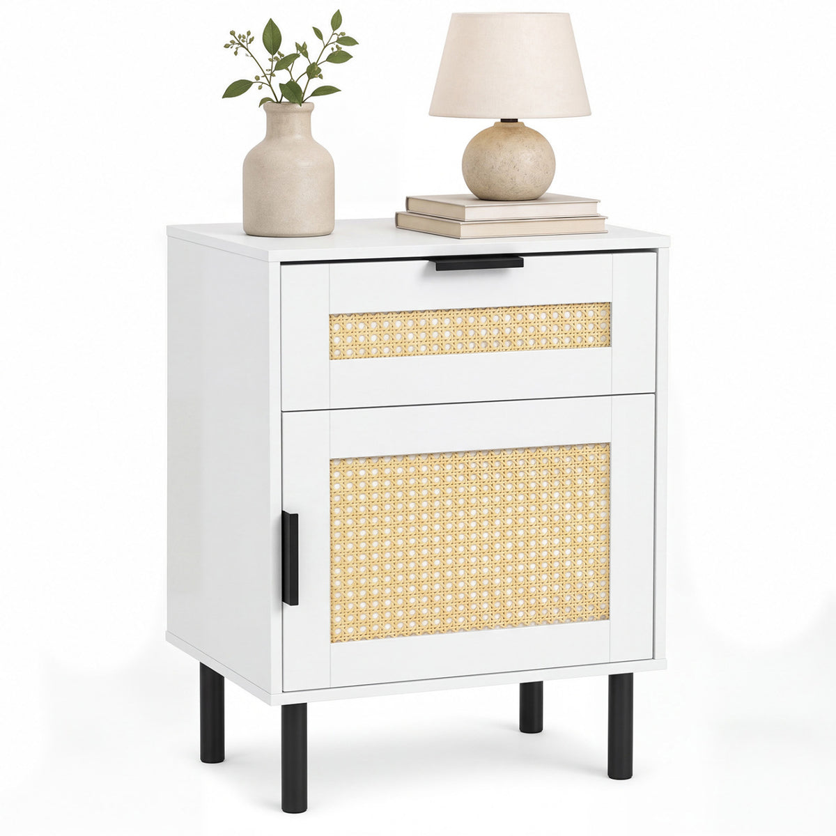 Table de chevet en rotin avec tiroir, armoire de rangement, blanc