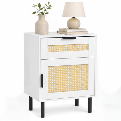 Table de chevet en rotin avec tiroir, armoire de rangement, blanc