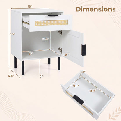 Table de chevet en rotin avec tiroir, armoire de rangement, blanc
