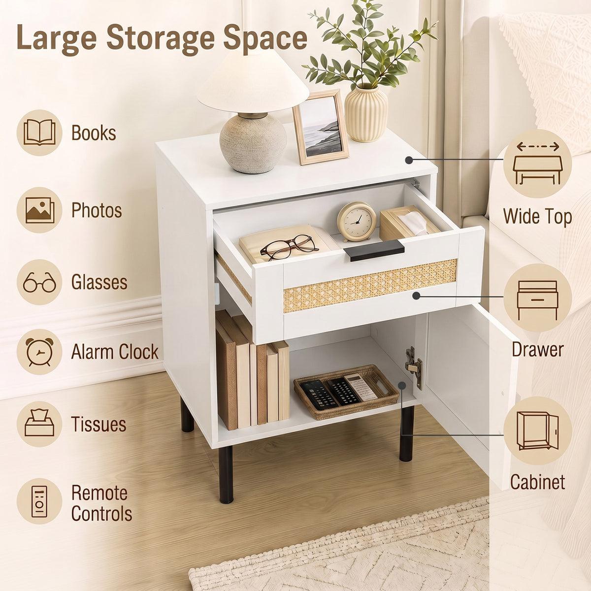 Table de chevet en rotin avec tiroir, armoire de rangement, blanc
