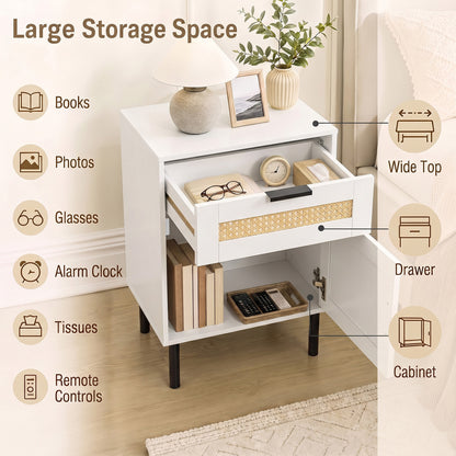 Table de chevet en rotin avec tiroir, armoire de rangement, blanc