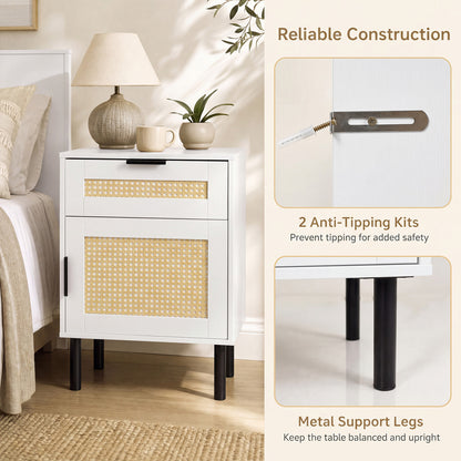 Table de chevet en rotin avec tiroir, armoire de rangement, blanc