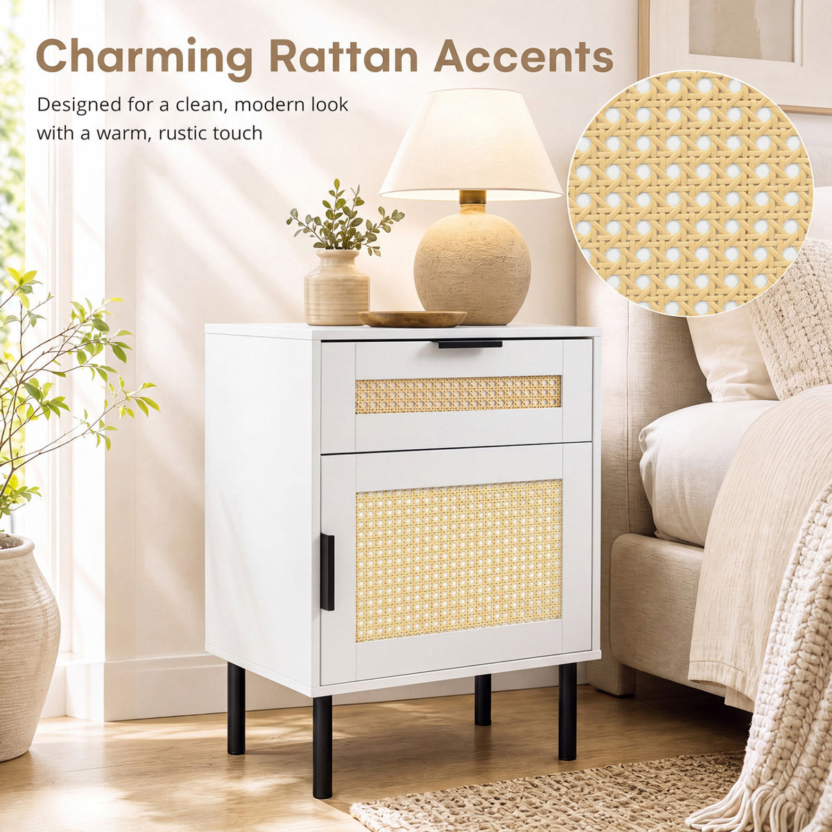 Table de chevet en rotin avec tiroir, armoire de rangement, blanc