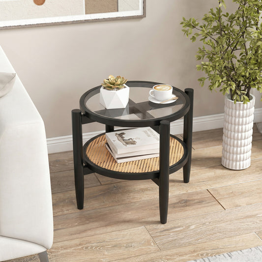 Rattan Round Side End Table with Tempered Glass Tabletop, Black End & Side Tables Black at Gallery Canada