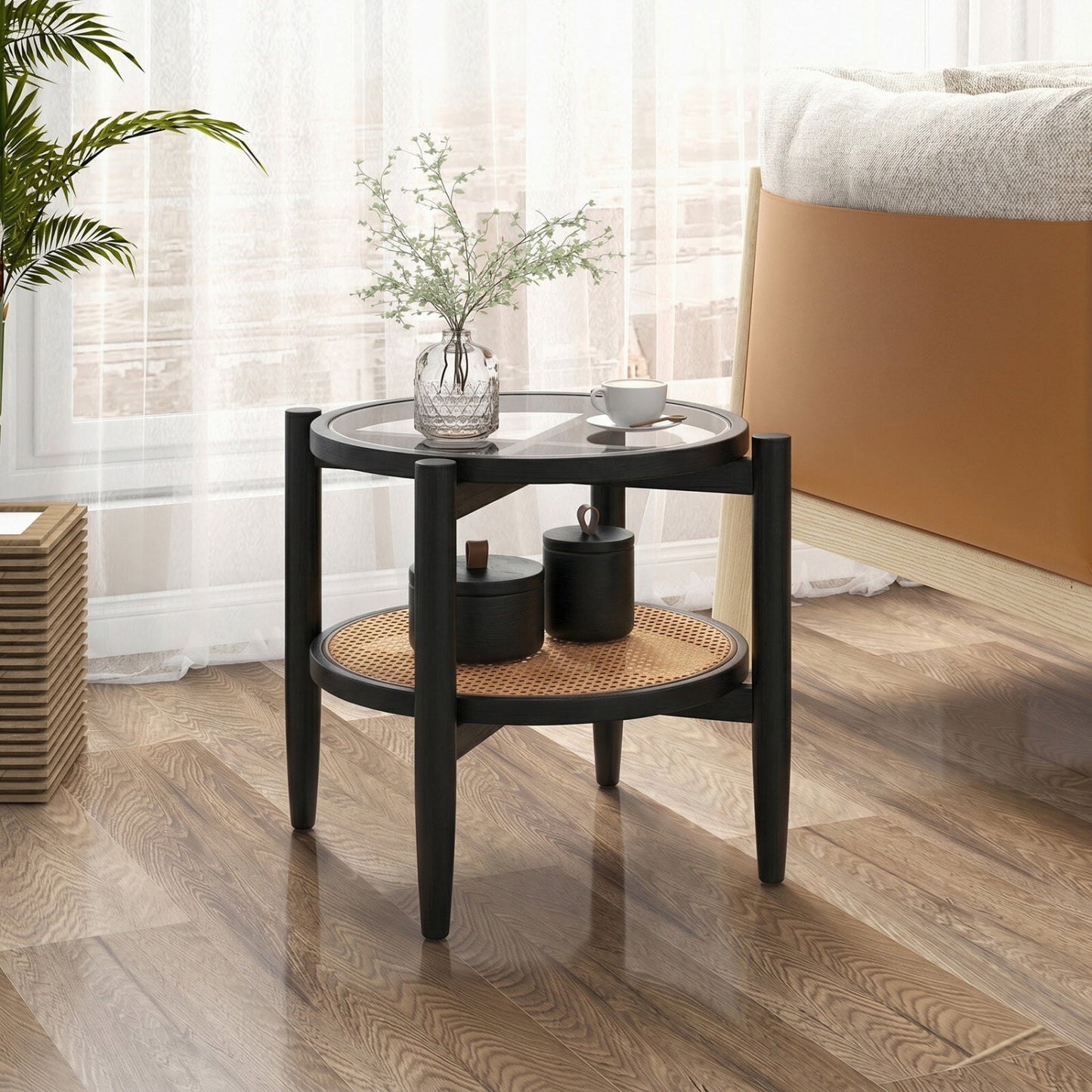 Rattan Round Side End Table with Tempered Glass Tabletop, Black End & Side Tables at Gallery Canada