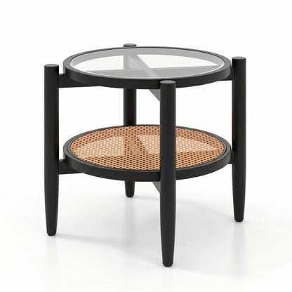 Rattan Round Side End Table with Tempered Glass Tabletop, Black End & Side Tables Black at Gallery Canada