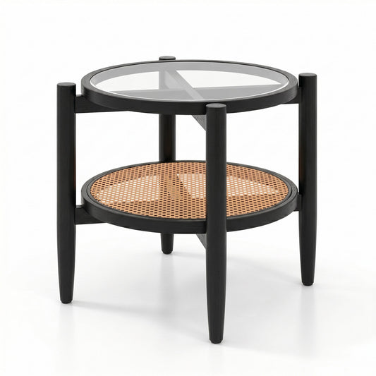 Rattan Round Side End Table with Tempered Glass Tabletop, Black End & Side Tables Black at Gallery Canada