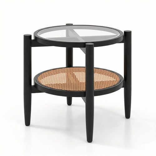 Rattan Round Side End Table with Tempered Glass Tabletop, Black