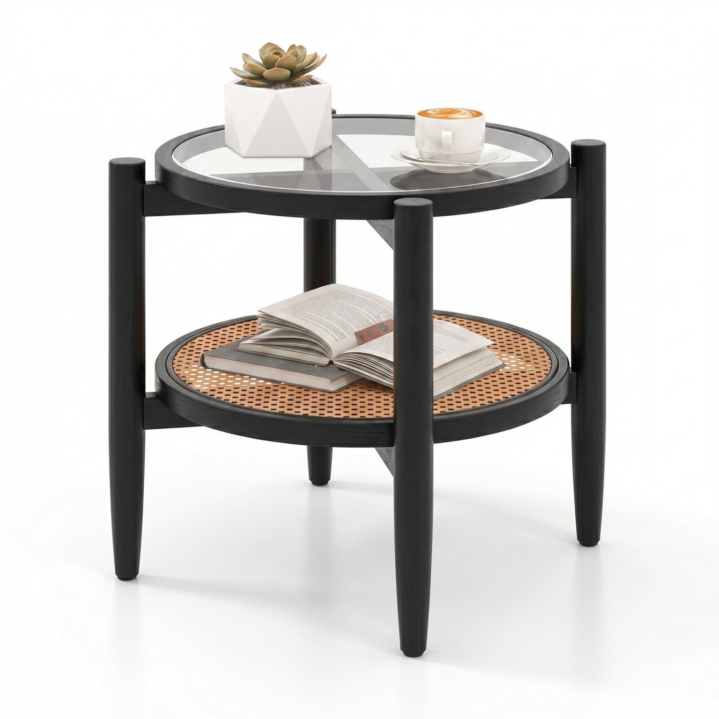Rattan Round Side End Table with Tempered Glass Tabletop, Black End & Side Tables at Gallery Canada