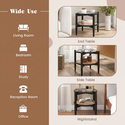 Rattan Round Side End Table with Tempered Glass Tabletop, Black End & Side Tables at Gallery Canada
