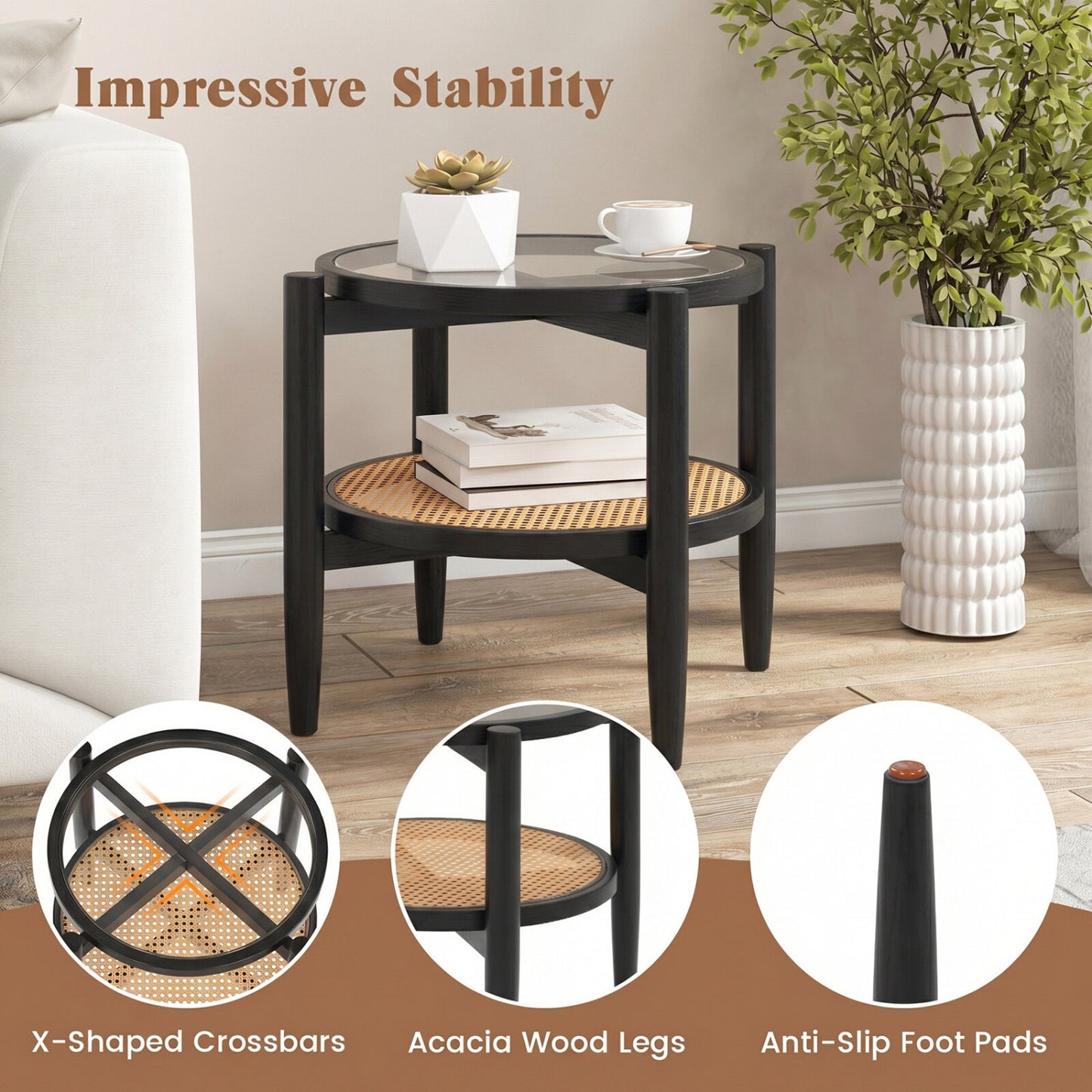 Rattan Round Side End Table with Tempered Glass Tabletop, Black End & Side Tables at Gallery Canada