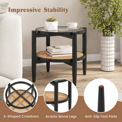 Rattan Round Side End Table with Tempered Glass Tabletop, Black End & Side Tables at Gallery Canada
