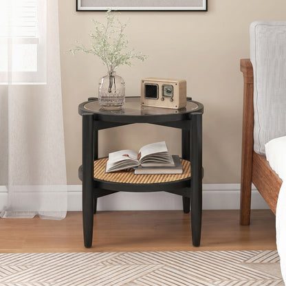 Rattan Round Side End Table with Tempered Glass Tabletop, Black End & Side Tables at Gallery Canada