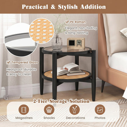 Rattan Round Side End Table with Tempered Glass Tabletop, Black End & Side Tables at Gallery Canada