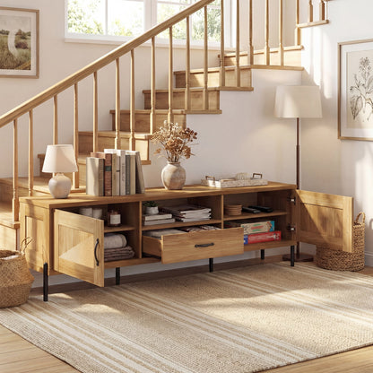 Rattan TV Stand, 80 Inch, Mid Century Modern, 2 Storage Cabinets, Natural Entertainment Centers & TV Stands at Gallery Canada