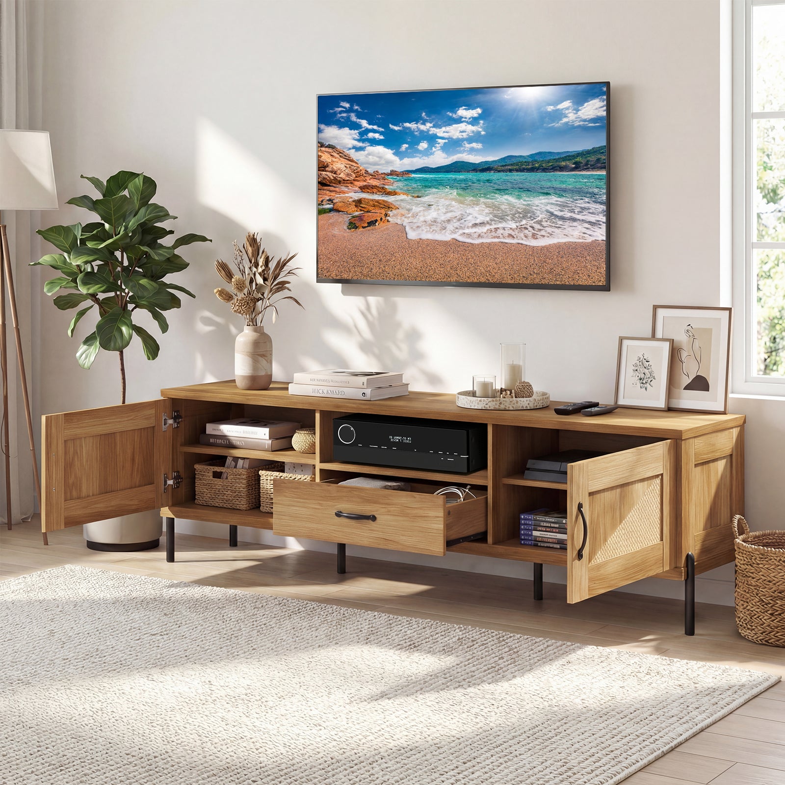 Rattan TV Stand, 80 Inch, Mid Century Modern, 2 Storage Cabinets, Natural Entertainment Centers & TV Stands at Gallery Canada